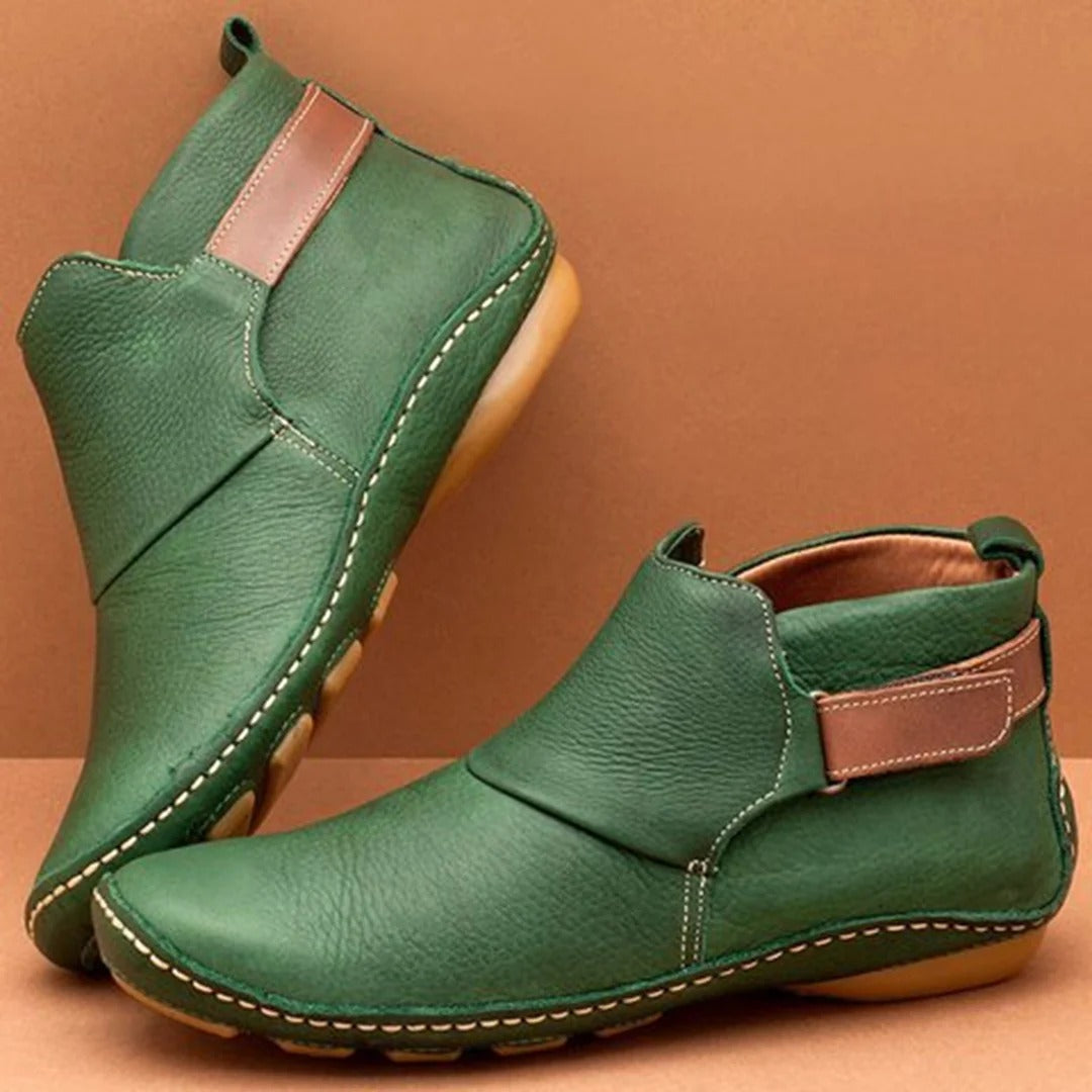 Women's Ankle Boots – Leather – Round Toe – Strap Detail – Breathable Comfort Fit