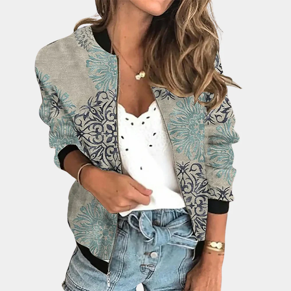 Women's Bomber Jacket – Relaxed Fit – Lightweight Fabric – Rib Knit – Floral Pattern