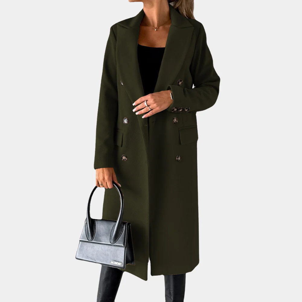 Women's Long Coat – Tailored Fit – Wool Texture – Double Breasted – Classic Lapel