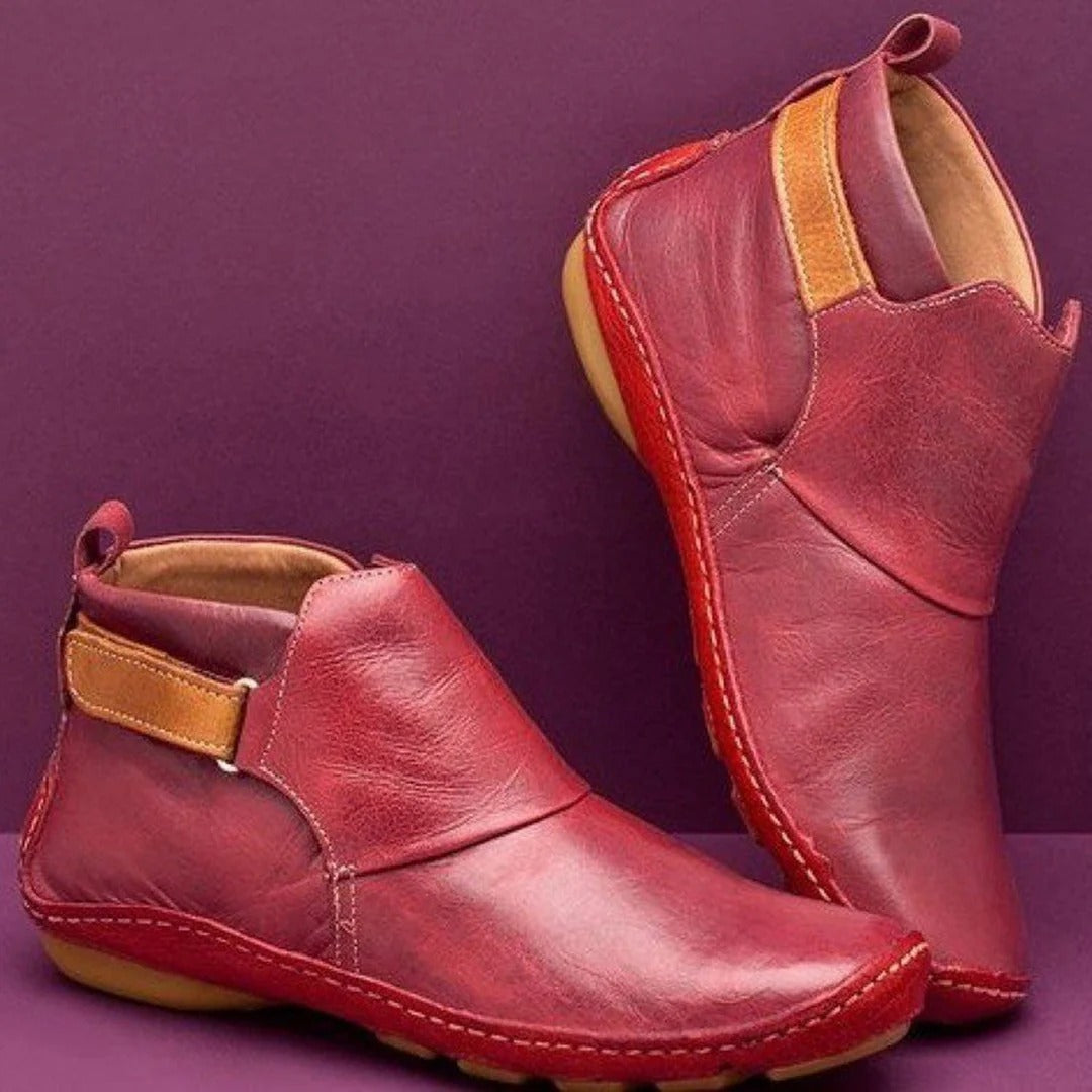 Women's Ankle Boots – Leather – Round Toe – Strap Detail – Breathable Comfort Fit