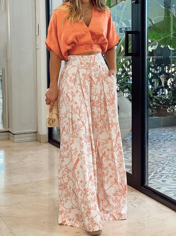 Women's Set – Relaxed Top with Dolman Sleeves – High-Waisted Wide Pants – Breathable Fabric