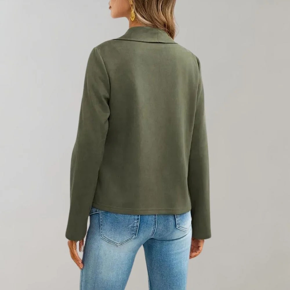 Women's Jacket – Suede Leather – Slim Fit – Draped Open Front – Full Sleeve