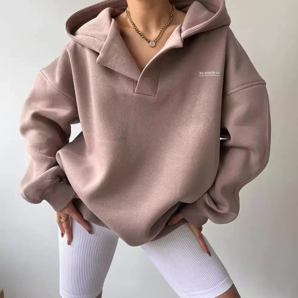Women's Hoodie – Oversized Fit – Fleece – V-Neck – Ribbed Cuffs