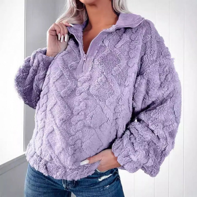 Women's Sweater with Half Zipper – Plush Fleece – Oversized Fit – Stand Collar