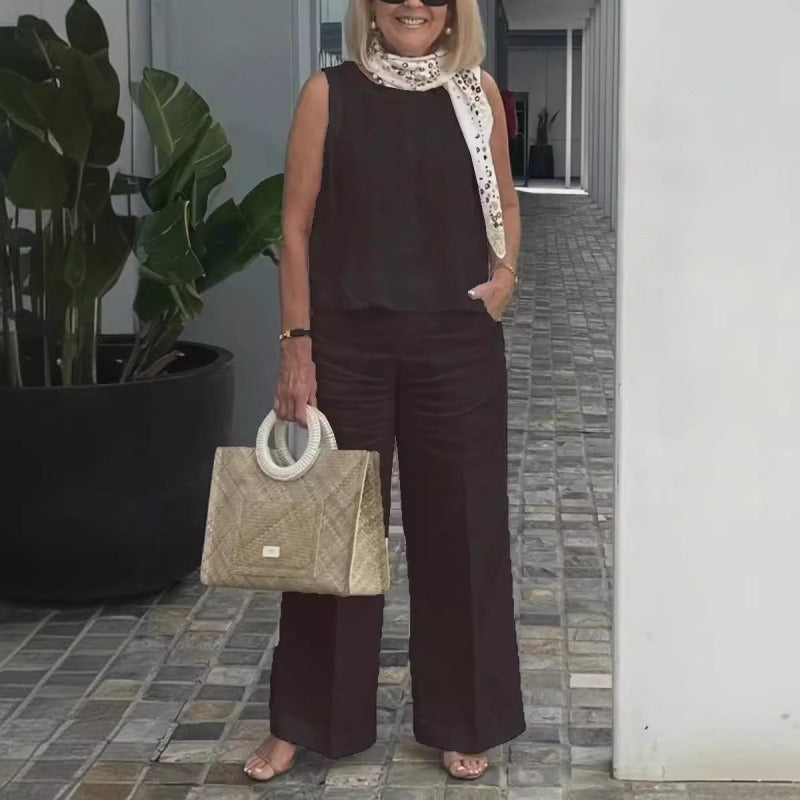 Women's Set – Sleeveless Top and Wide Pants – Linen Cotton – Relaxed Fit