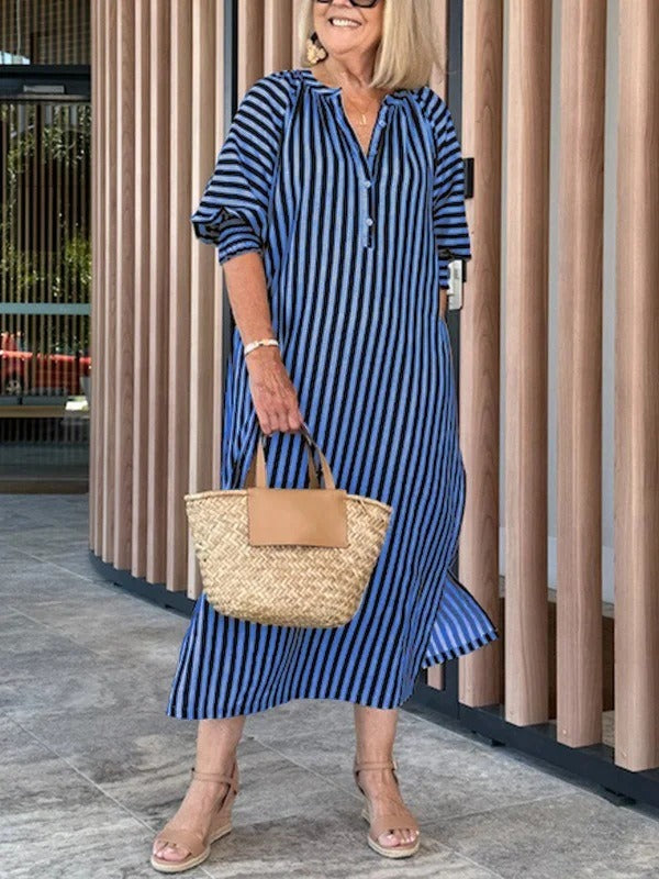 Dress woman – Midi length – Striped – V-neck – Ruffle sleeves – Relaxed fit – Cotton blend