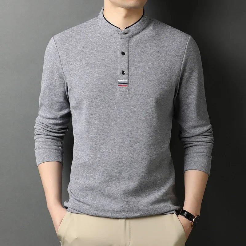 Men's Long-Sleeve T-Shirt – Cotton – Regular Fit – Stand Collar – Button Opening