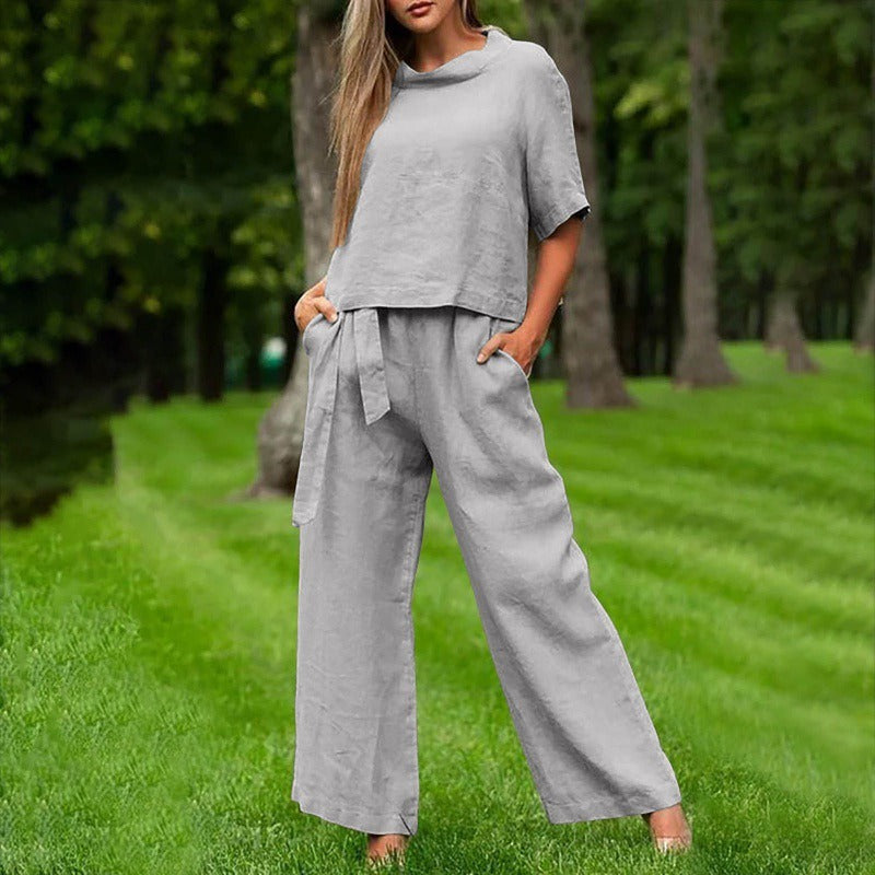 Women's Set with Top and Pants – Relaxed Fit – Wide Pants – Breathable Cotton Feel