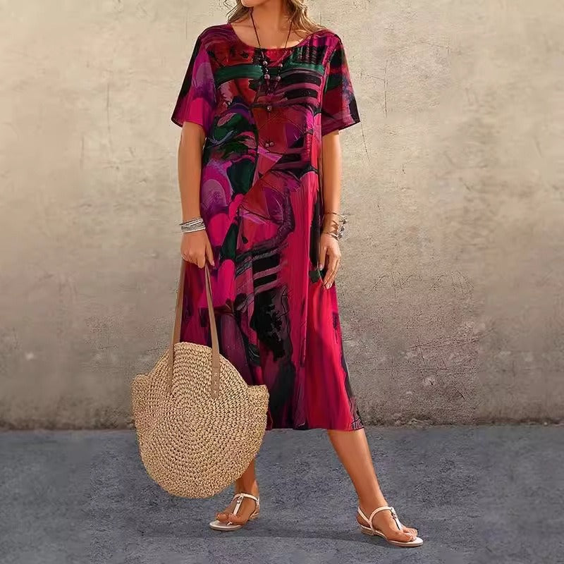 Dress for Women – Relaxed Fit – Abstract Pattern – Short Sleeve – Round Neck – Midi