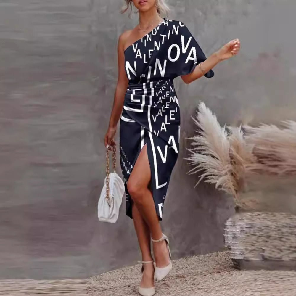 Dress for Women – Tight Fit – One Shoulder – Waistband – Side Slit – Midi Length