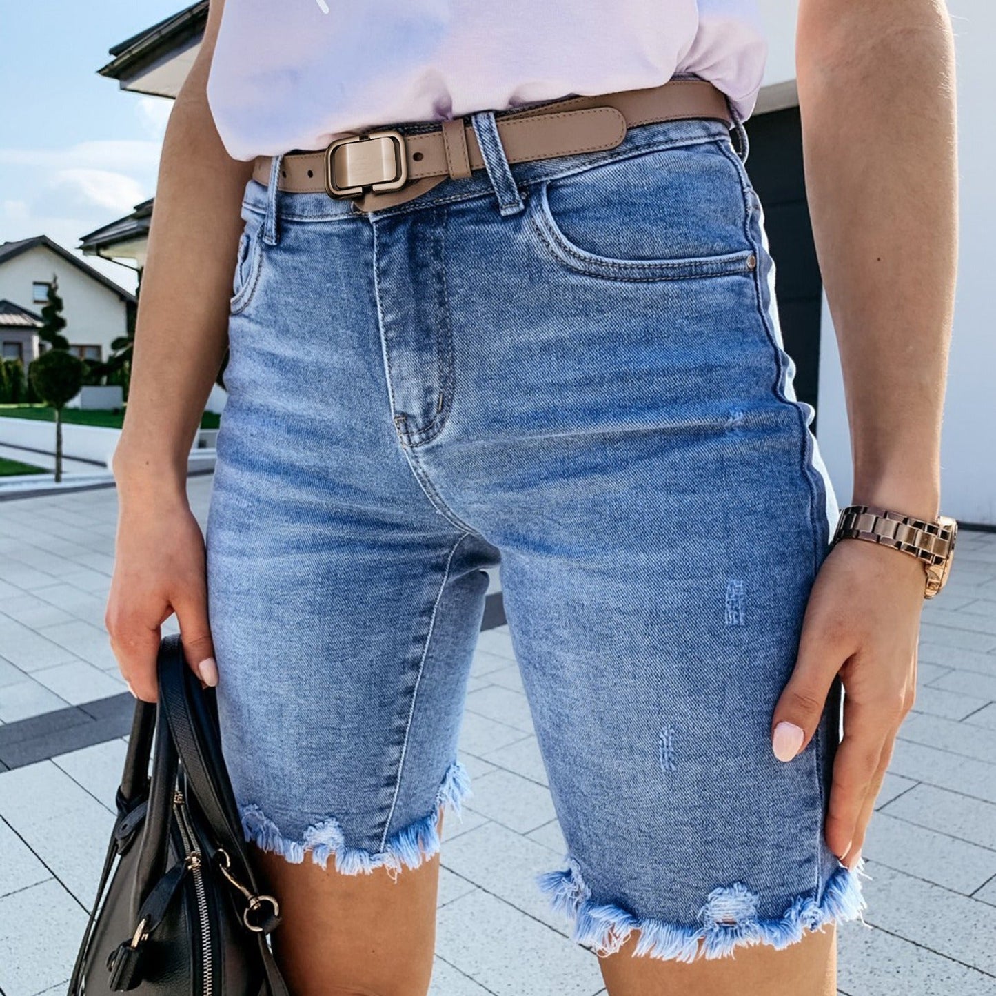 Women's Denim Shorts – Mid-Rise Waist – Regular Fit – Frayed and Distressed Details