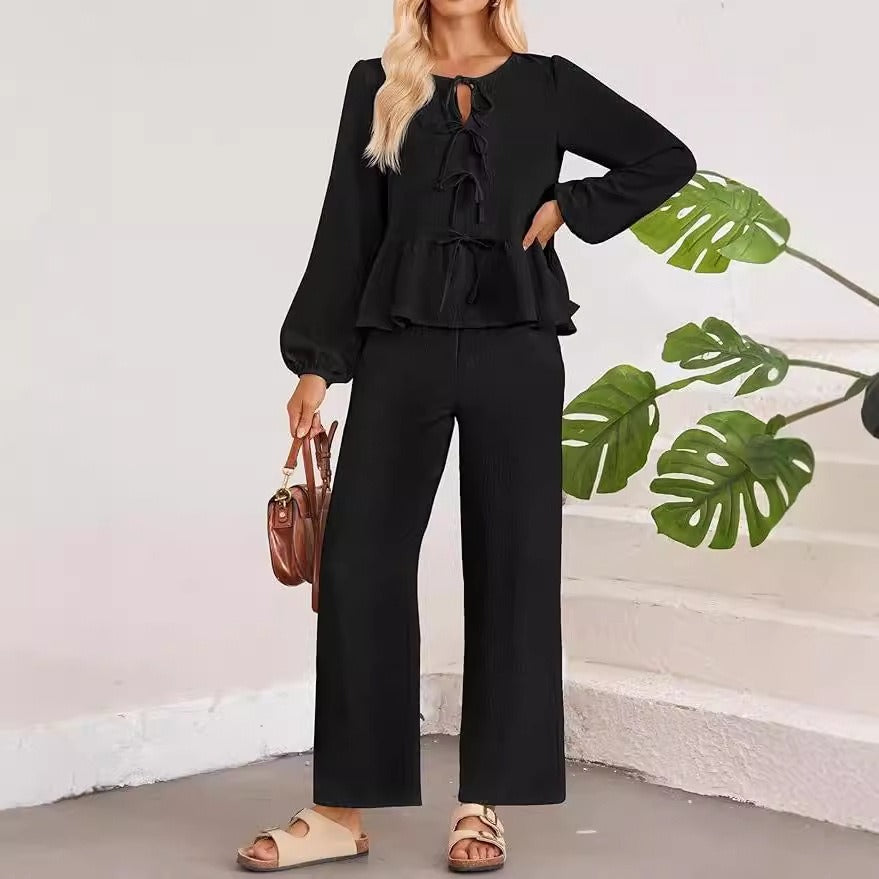 Women's Pantsuit – V-neck Blouse with Tie Detail – Wide Fit in Light Cotton Texture