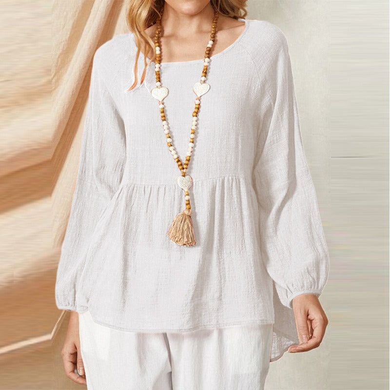 Women's Babydoll Shirt – Loose Fit – Linen-Cotton Look – Balloon Sleeves – Casual Style