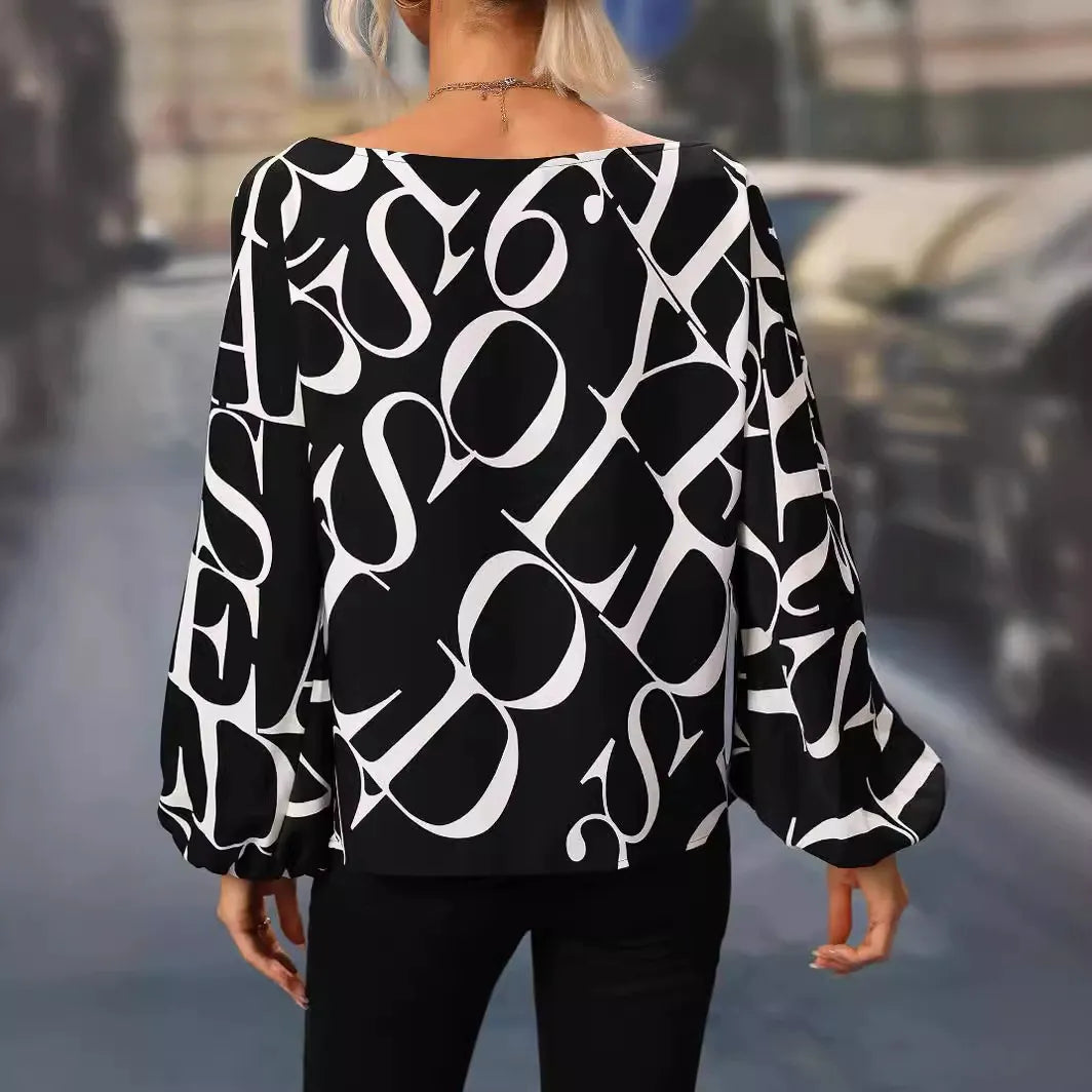Women's Blouse with One Shoulder – Loose Fit – Long Sleeves – Statement Pattern