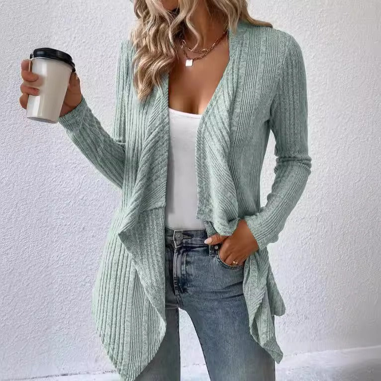 Women's Cardigan – Wool Blend – Relaxed Fit – Ribbed Knit – Open Draped Front