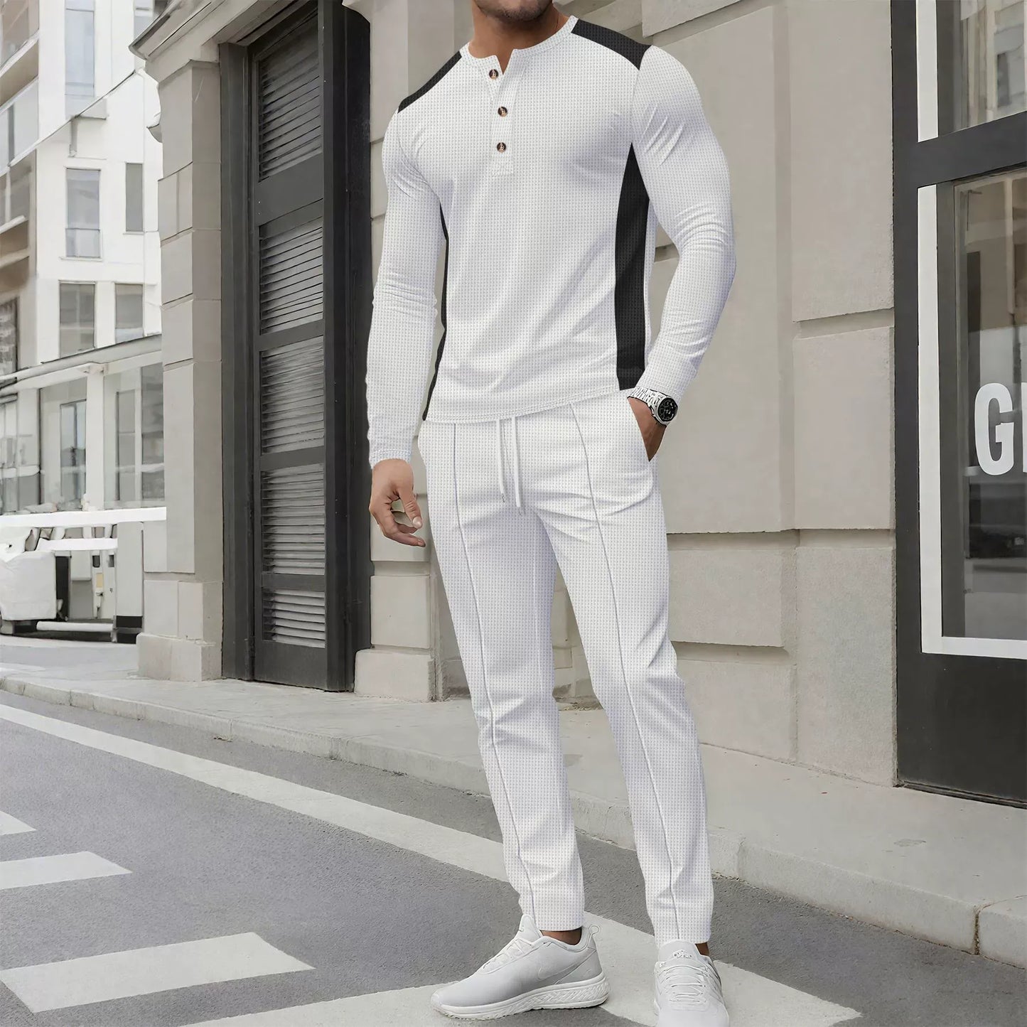 Men's Set with Henley Sweater and Pants – Slim Fit – Waffle Texture – Button Neck
