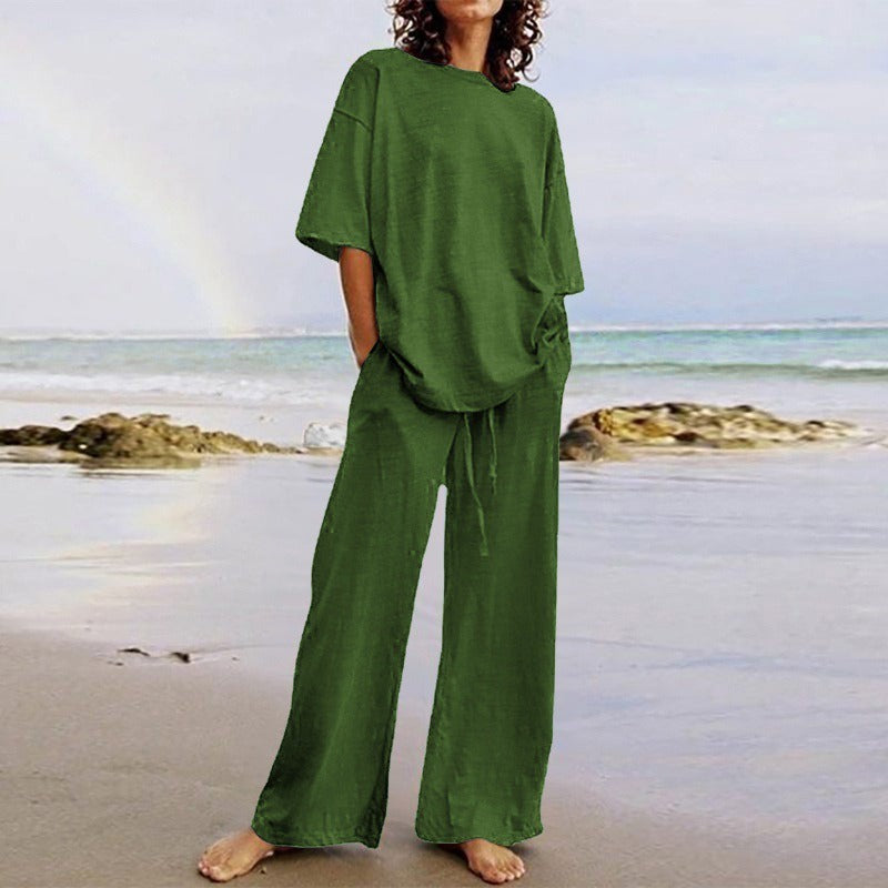 Women's Set – Relaxed Fit Top with O-Neck – Wide Pants with Elastic and Pockets