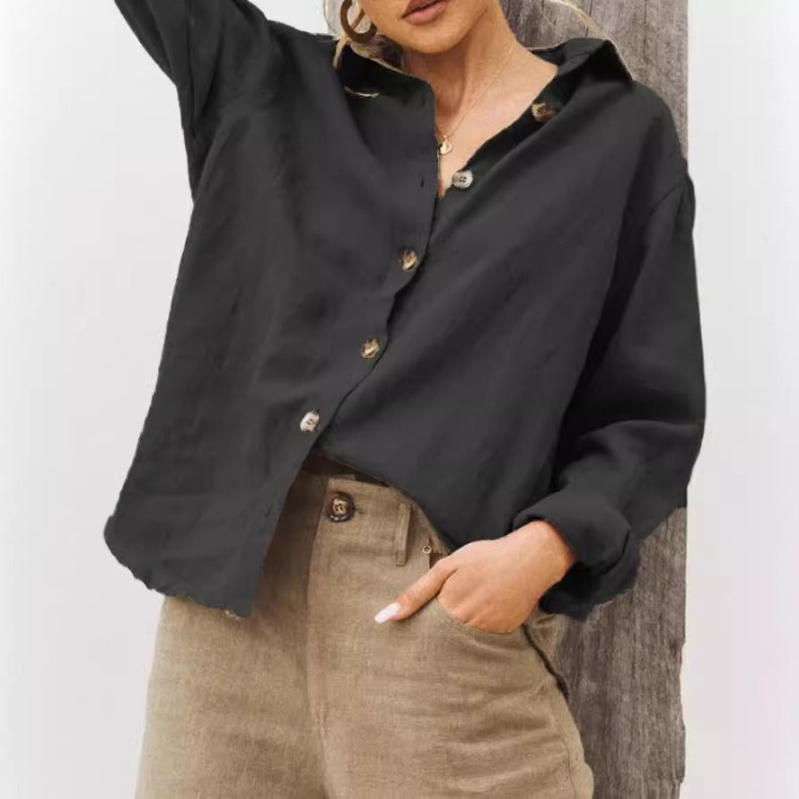 Women's Shirt – Loose Fit – Cotton Linen – Long Sleeve – Buttons – Collar