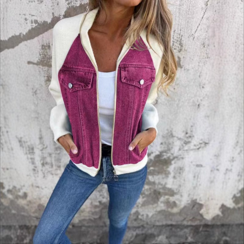 Women's Jacket in Denim – Relaxed Fit – Patchwork Design – Long Sleeves – Button Closure