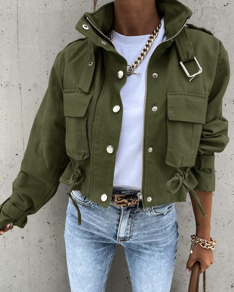 Women's Jacket – Cropped Utility Design – Relaxed Fit – Drawstring and Flap Pockets