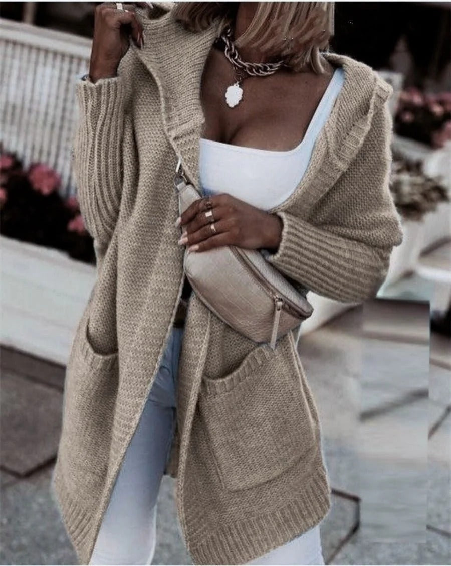 Women's Cardigan – Oversized Fit – Wool Feel Knit – Hood – Open Front – Pockets