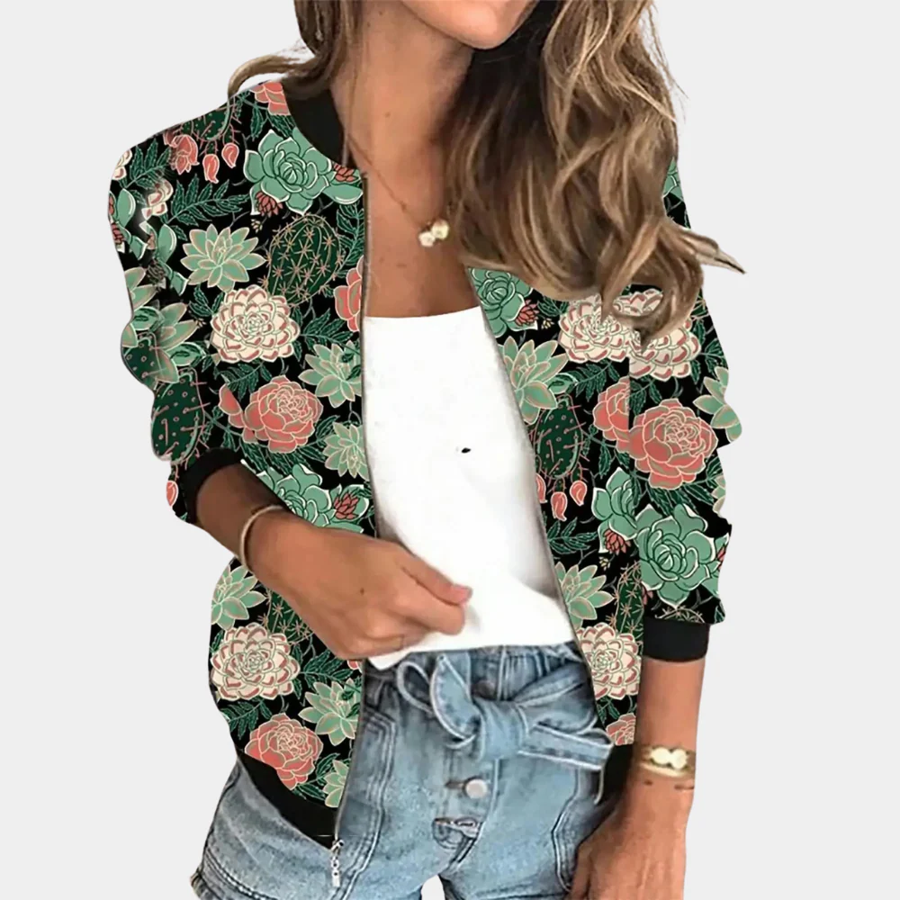 Women's Bomber Jacket – Relaxed Fit – Lightweight Fabric – Rib Knit – Floral Pattern