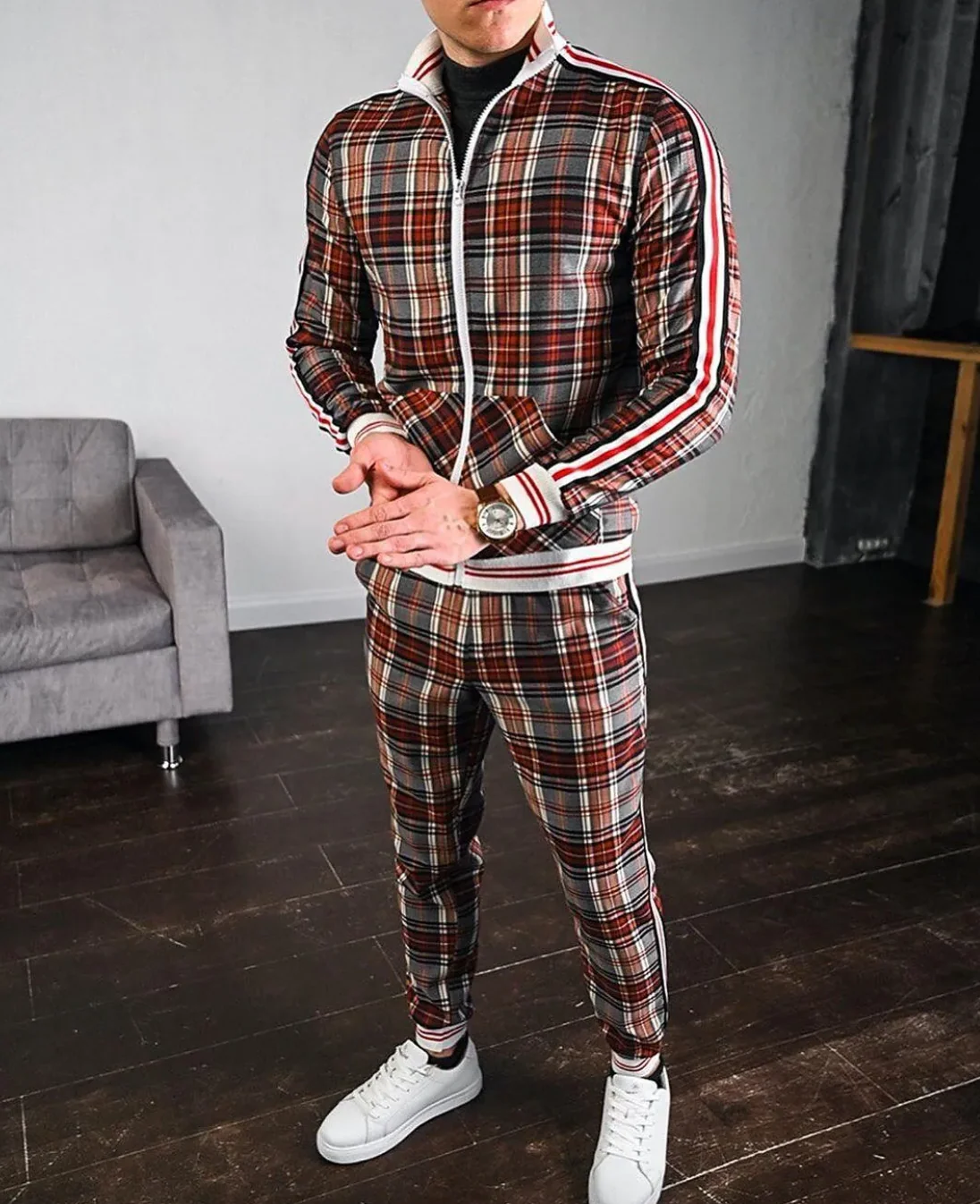 Men's Tracksuit – Slim Fit – Zip Jacket with Stripes – Tapered Pants