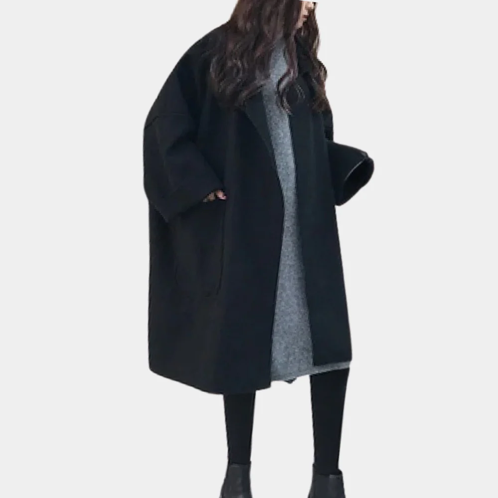 Women's Long Coat – Oversized Fit – Wool Blend – Minimalist Design – Pockets