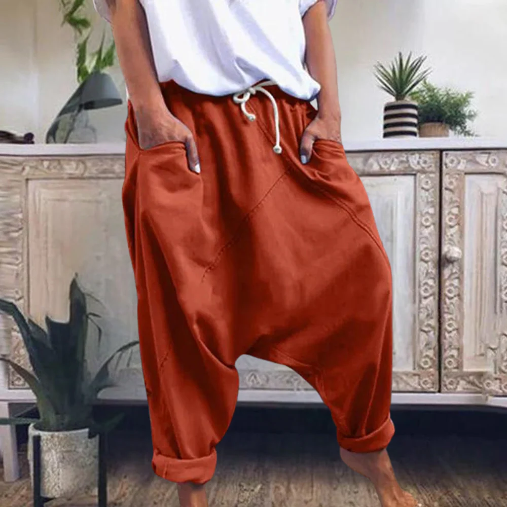 Women's Harem Pants – Relaxed Fit – Drawstring Waist – Cuffed Legs – Cotton Blend