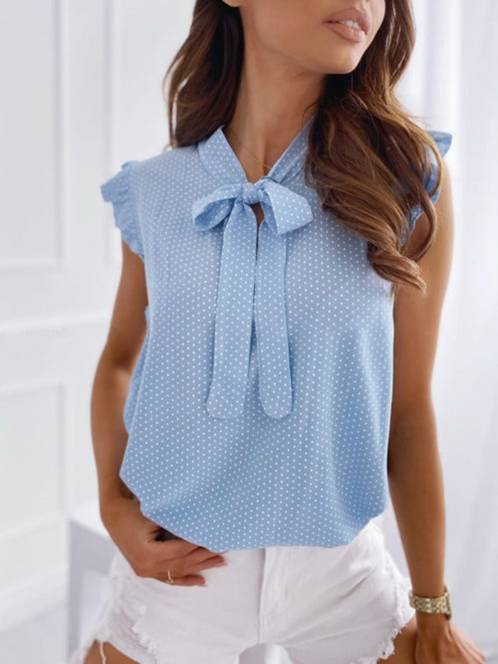 Women's Blouse without Sleeves – Relaxed Fit – Bow Neck – Polka Dots – Ruffle Details
