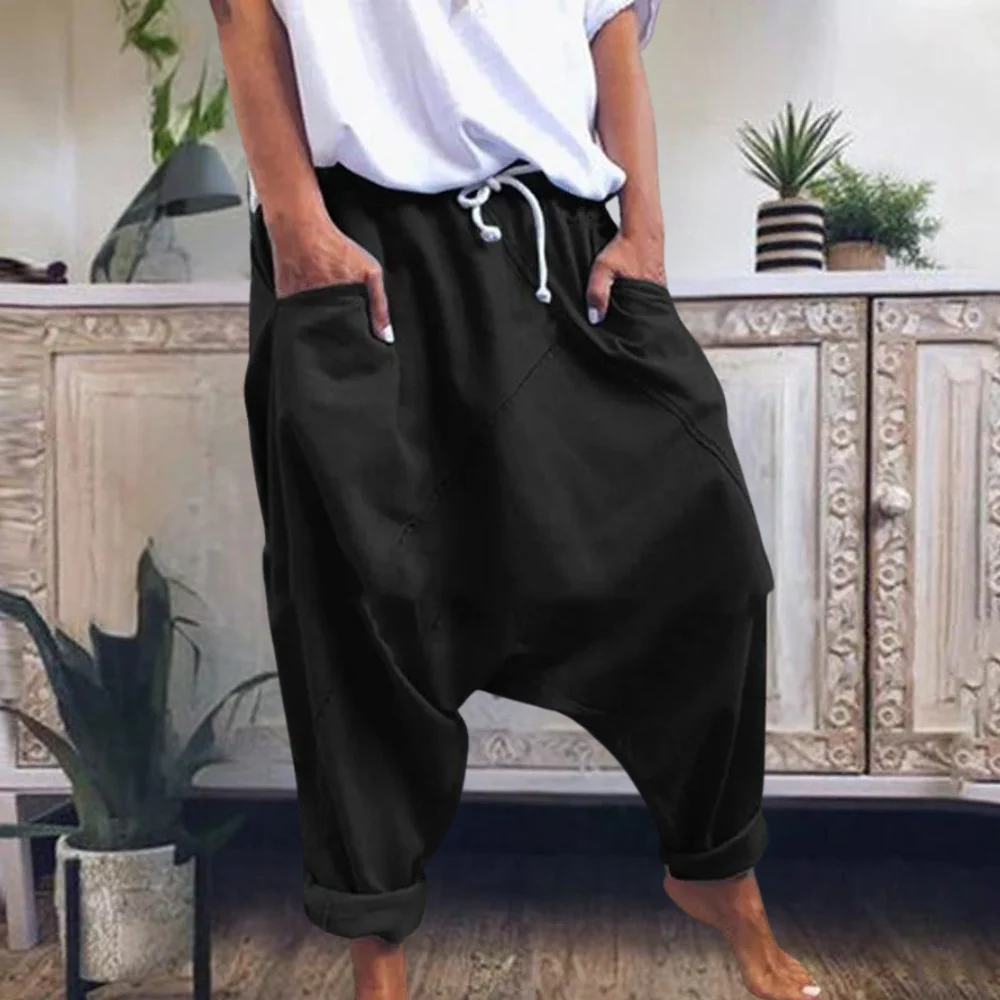 Women's Harem Pants – Relaxed Fit – Drawstring Waist – Cuffed Legs – Cotton Blend