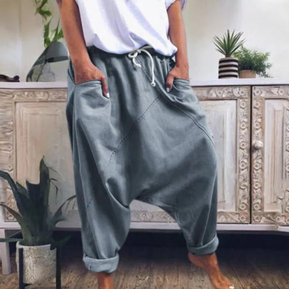 Women's Harem Pants – Relaxed Fit – Drawstring Waist – Cuffed Legs – Cotton Blend