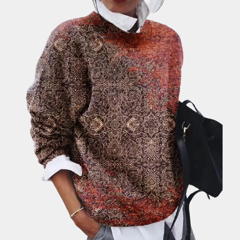 Women's Sweater – Relaxed Fit – Knitted – Geometric Pattern – Round Neck – Long Sleeves