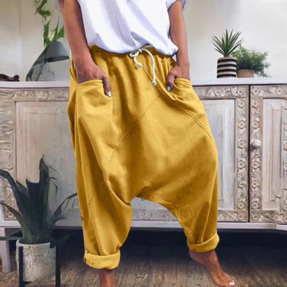 Women's Harem Pants – Relaxed Fit – Drawstring Waist – Cuffed Legs – Cotton Blend