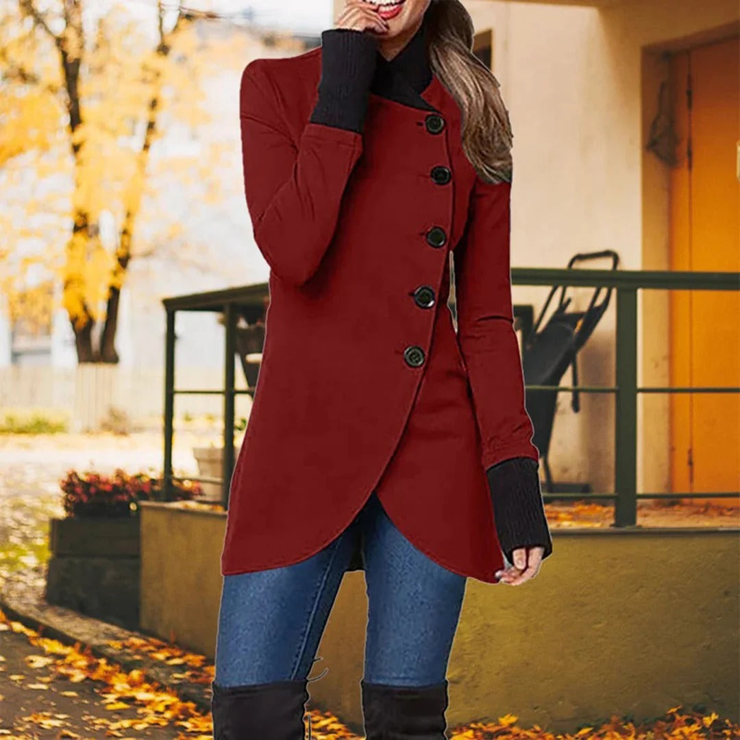 Women's Jacket – Tailored Fit – Wool Blend – Asymmetric Buttoning – High Collar – Mid-Thigh Length