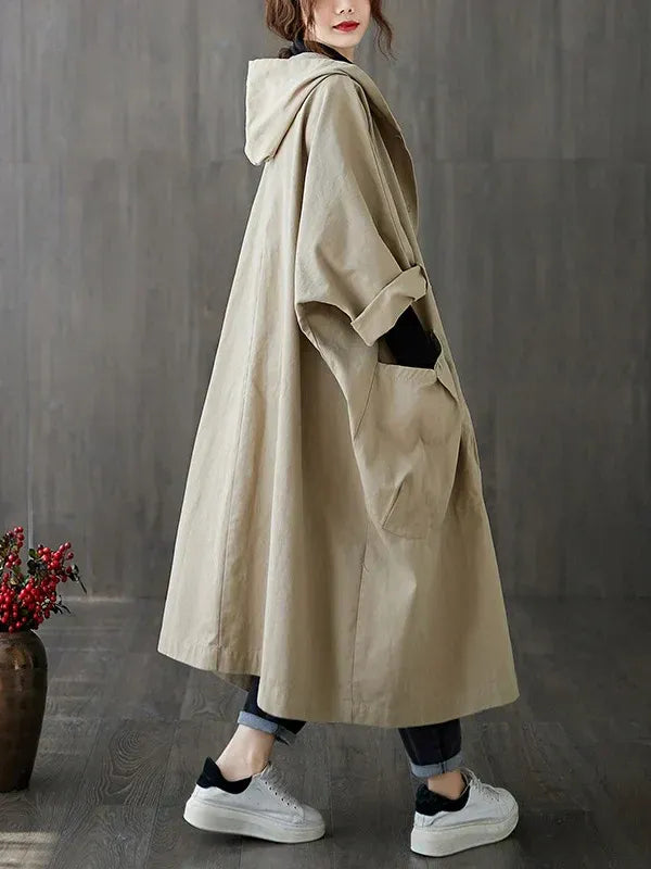 Women's Trench Coat – Waterproof Fabric – Oversized Fit – Hood and Side Pockets