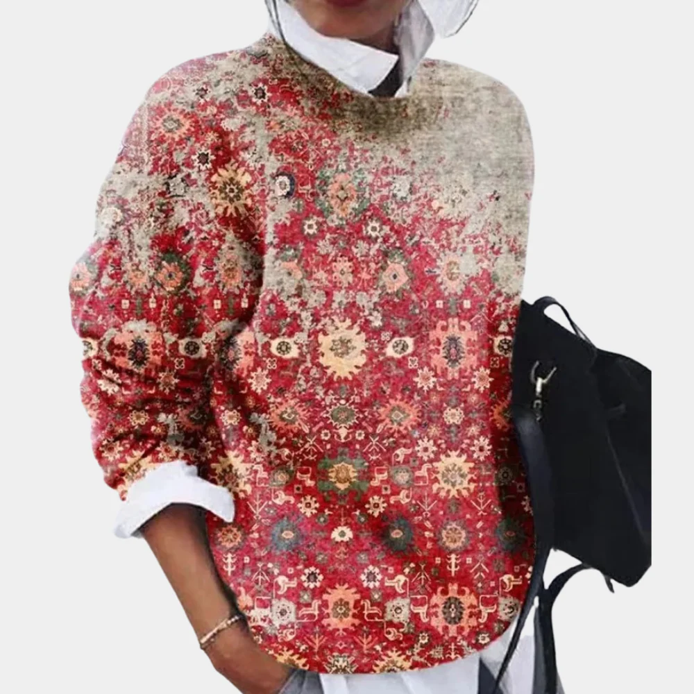 Women's Sweater – Relaxed Fit – Knitted – Geometric Pattern – Round Neck – Long Sleeves