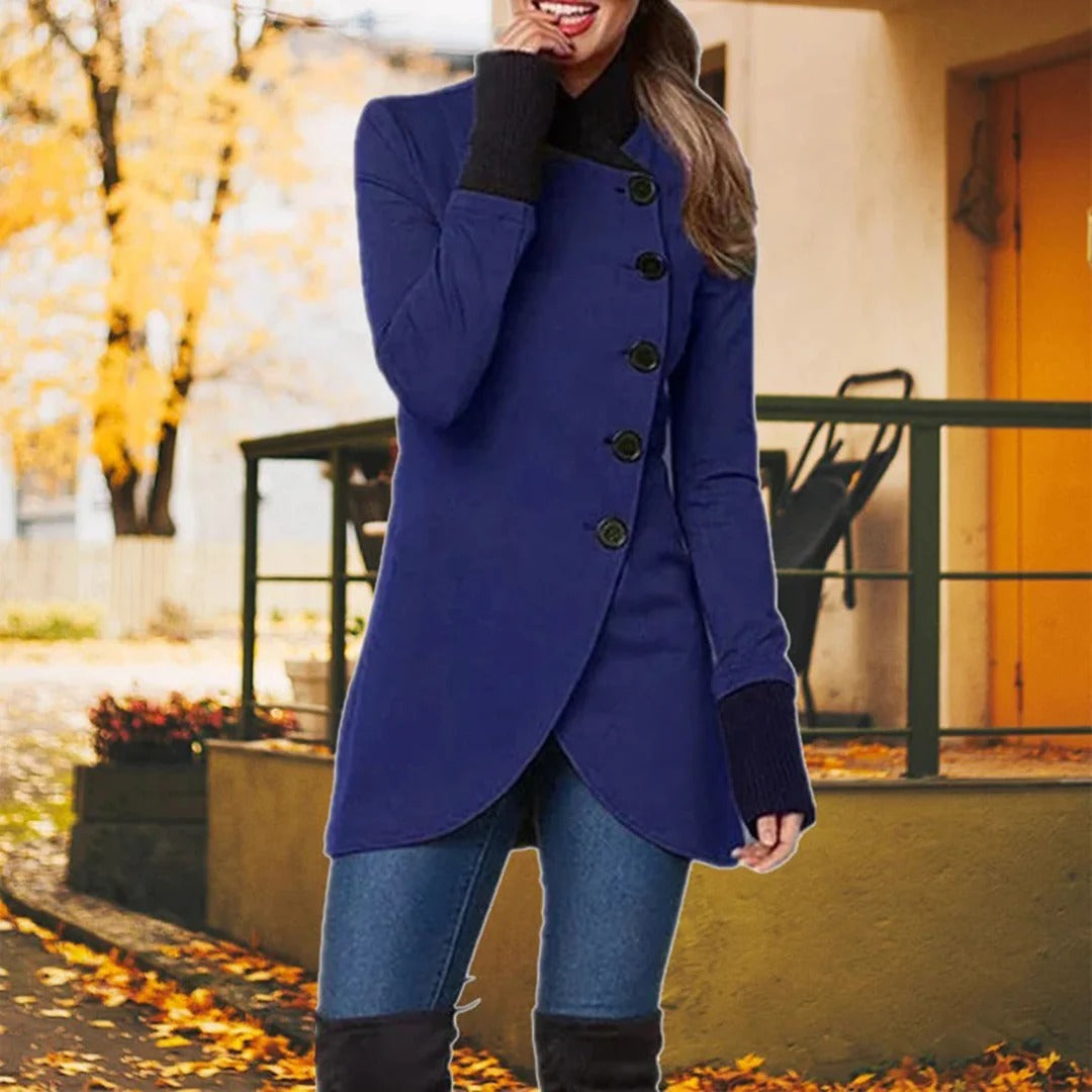 Women's Jacket – Tailored Fit – Wool Blend – Asymmetric Buttoning – High Collar – Mid-Thigh Length