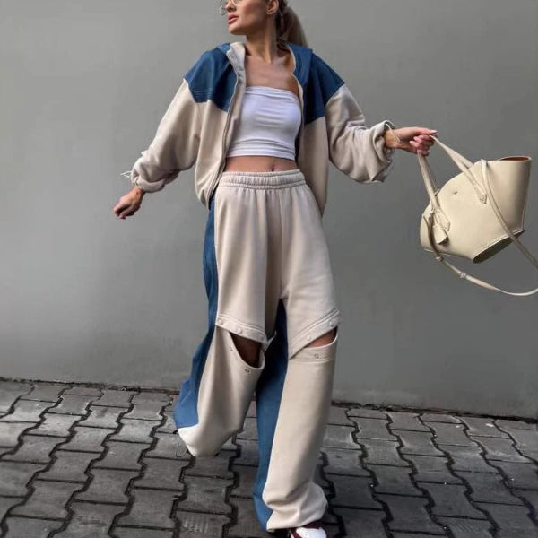 Women's Set Lounge Dress – Cropped Hoodie with Zipper – Wide Cotton Pants