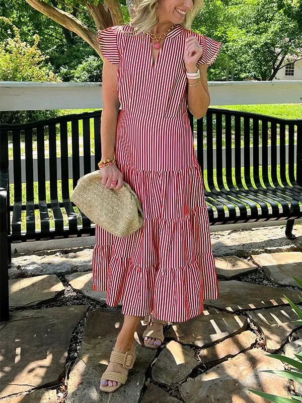 Dress for women – midi – cotton – V-neck – ruffle sleeves – striped – tiered skirt