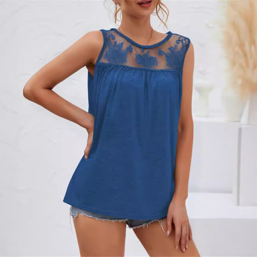 Sleeveless Women's Top – Lace around Neck – Loose Fit – Soft Cotton – Everyday Use