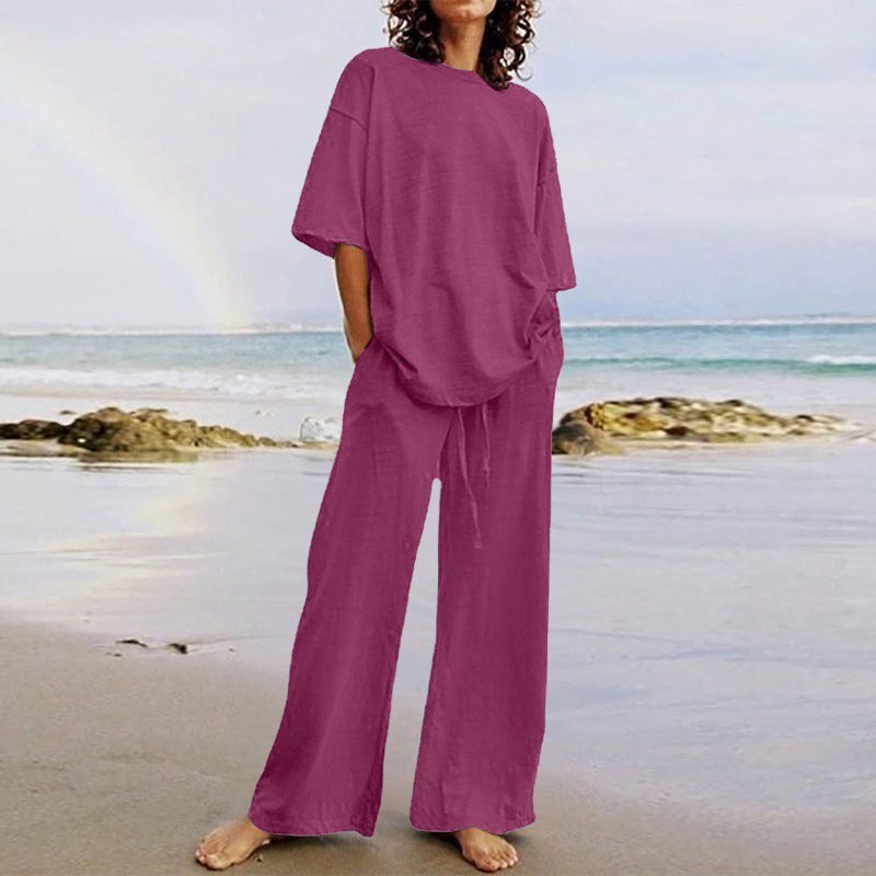 Women's Set – Relaxed Fit Top with O-Neck – Wide Pants with Elastic and Pockets