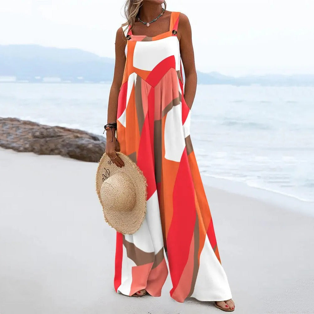 Women's jumpsuit – relaxed fit – wide legs – sleeveless – cotton feel – pockets