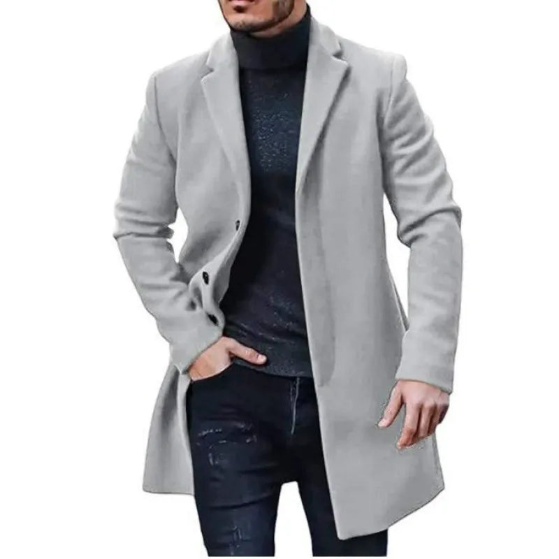 Men's Coat – Wool Blend – Tailored Fit – Mid-Length – Button Closure – Lapels