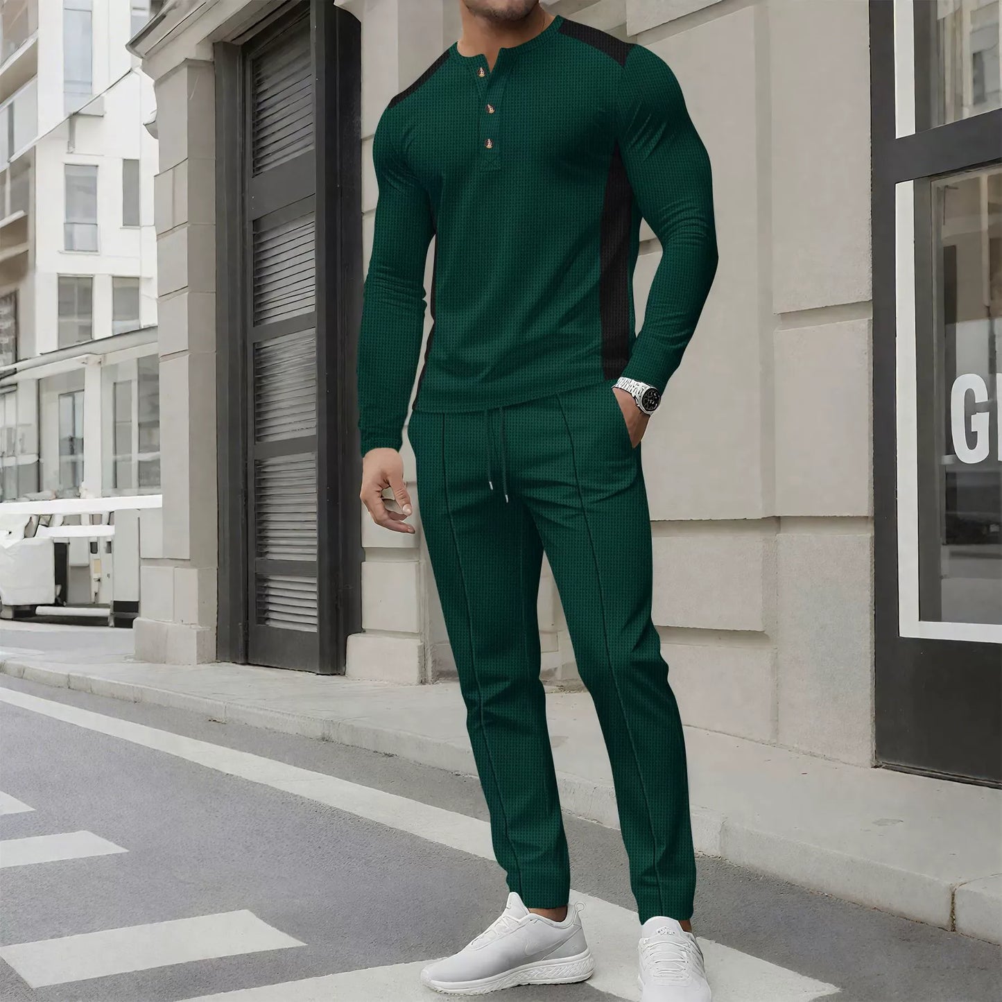 Men's Set with Henley Sweater and Pants – Slim Fit – Waffle Texture – Button Neck