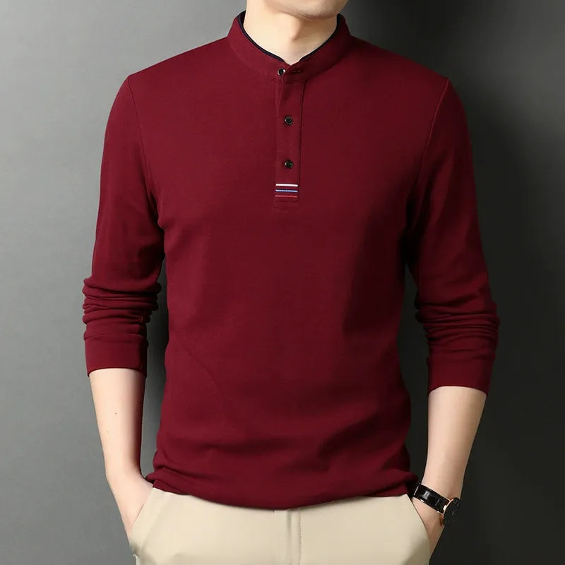 Men's Long-Sleeve T-Shirt – Cotton – Regular Fit – Stand Collar – Button Opening