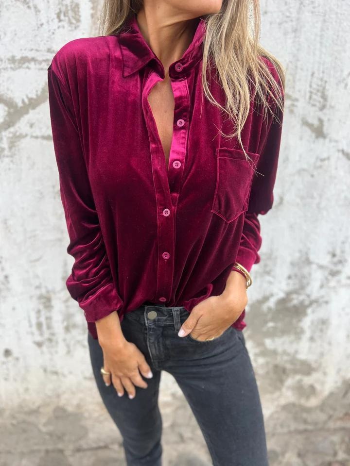 Women's Shirt – Velvet – Loose Fit – Long-Sleeved – Single-Breasted with Chest Pocket
