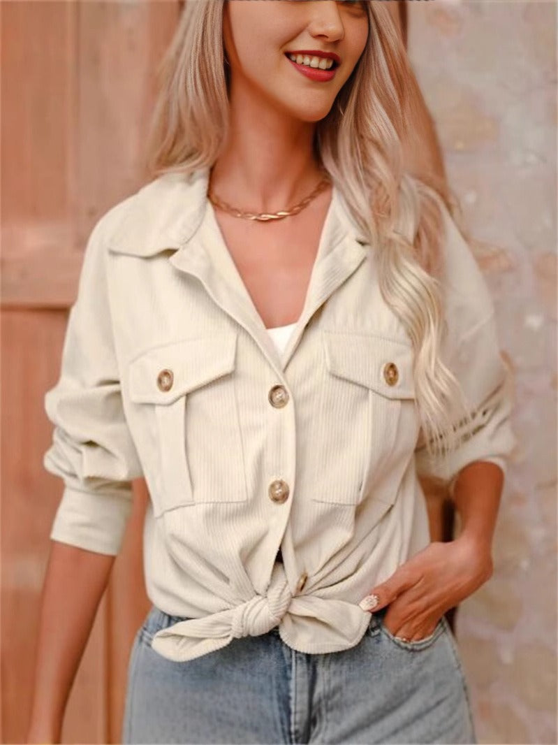 Women's Coat – Corduroy – Loose Fit – Long Sleeved – Button Closure – Hip Length