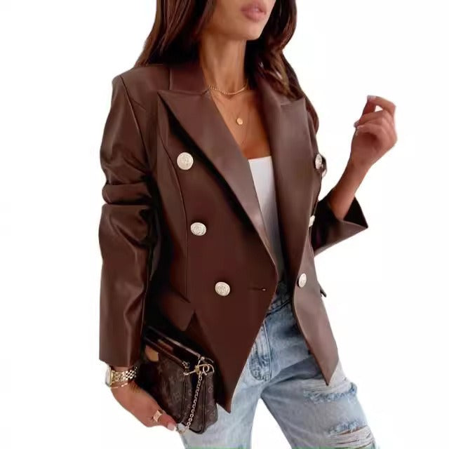 Women's Blazer – Tailored Fit – Faux Leather – Double-Breasted – Structured Lapels