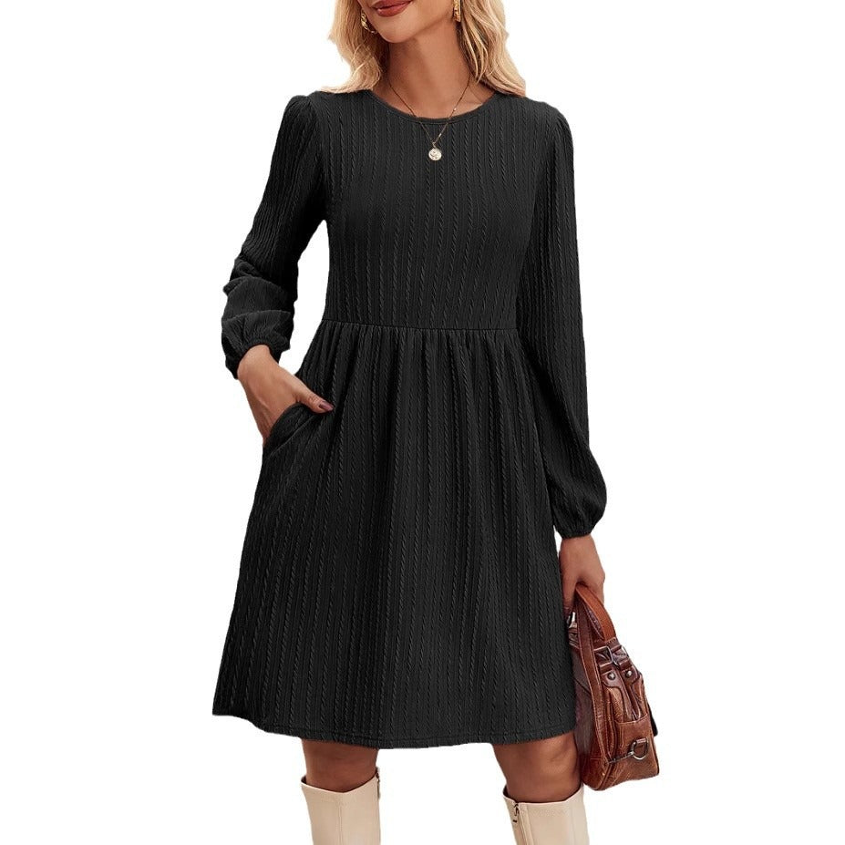 Dress for Women – Knitted Jacquard – Fitted Waist – Long Puff Sleeves